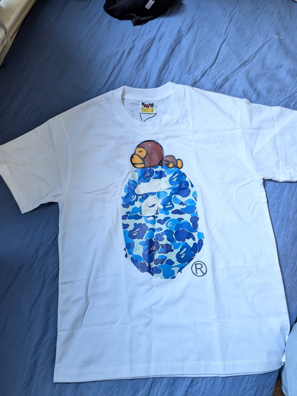 Kids White Tee with Blue Camo Ape Graphic